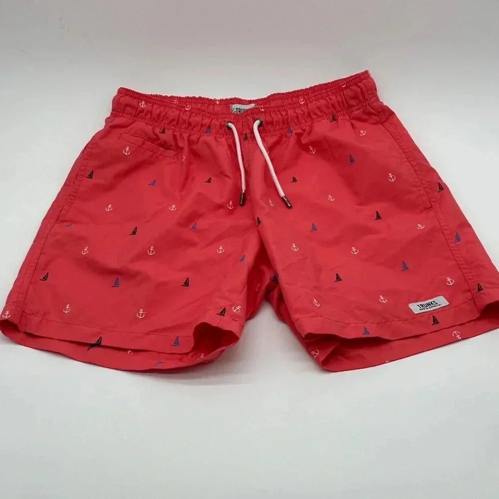 TRUNKS Surf & Swim Co. AnchoEmbroidered  Swim Trunks Men's M Red Drawstring Wais
